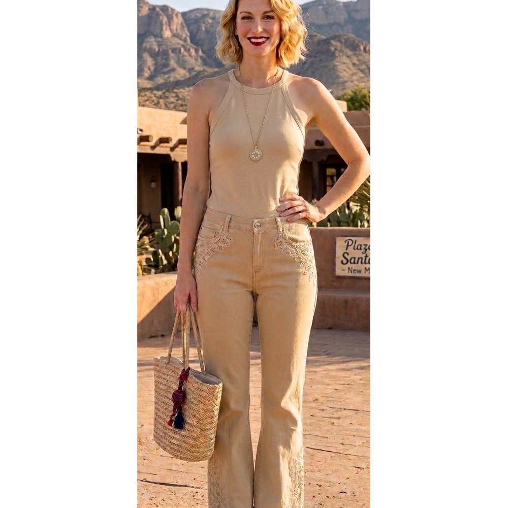 Y2K LAUREN Jeans Co 10 Sand Battenburg Lace Trim Pants Bootcut Leg Jeans Romance